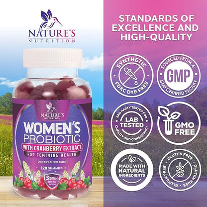Nature's Nutrition Probiotics for Women Gummies with Cranberry - 6 Premium Strains for PH Balance, Digestive Health, Vaginal & Immune Support, Women's Probiotic Gummy for Feminine Health - 120 Gummies