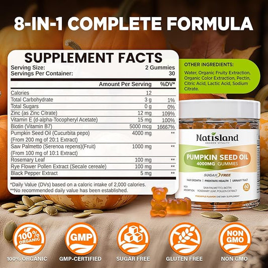 Pumpkin Seed Oil Gummies with Saw Palmetto, Cold Pressed Pumpkin Seed Oil Supplement for Hair Growth, Prostate Health & Urinary Tract Support, Sugar Free, Vegan Pineapple Flavor, 60 Count