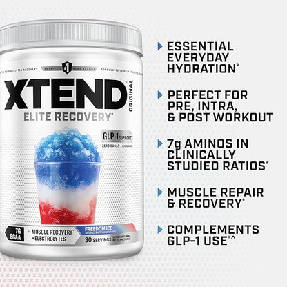 Xtend Original BCAA Powder, 7g BCAAs and 2.5g L-Glutamine for Muscle Recovery Hydration and Lean Muscle, Sugar Free Intra and Post Workout Drink with Electrolytes, Freedom Ice, 30 Servings
