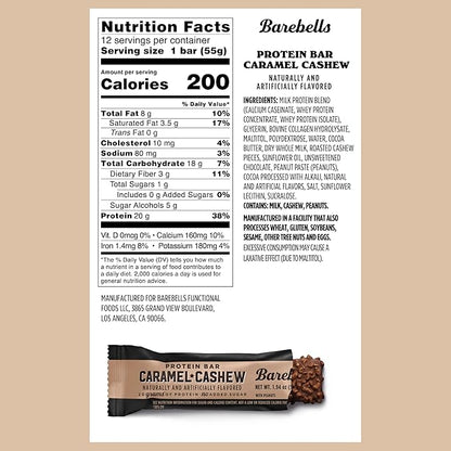 Barebells Protein Bars Caramel Cashew - 12 Count, 20g High Protein Treats - Chocolate Nutrition Bar with 1g Total Sugars - On-The-Go Breakfast or Post-Workout Snack
