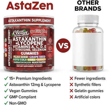 Clean Nutraceuticals AstaZen Astaxanthin Gummies 12mg - with Lycopene, Vitamins A C D E, L-Tyrosine & Selenium - Antioxidant Support Gummies - 60 Count