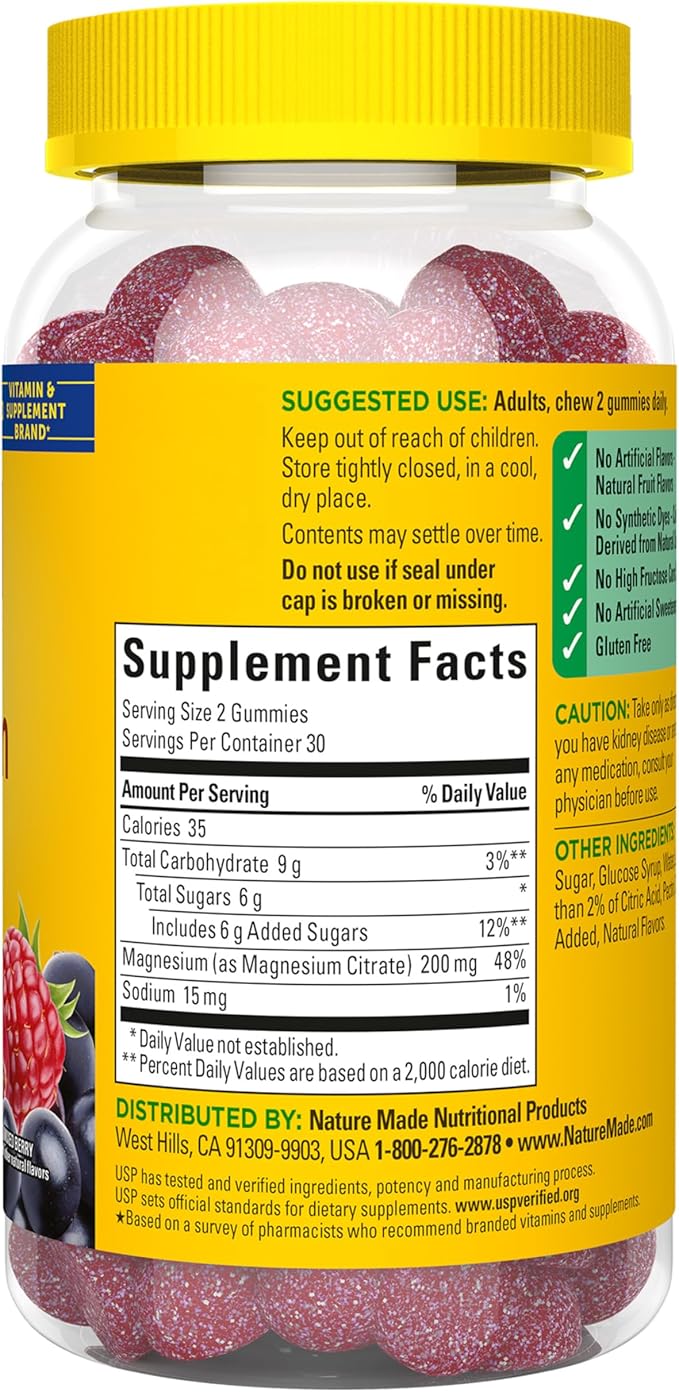 Nature Made High Absorption Magnesium Citrate 200 mg per serving, Magnesium Supplement for Muscle, Nerve, Bone and Heart Support, 60 Magnesium Gummies, 30 Day Supply