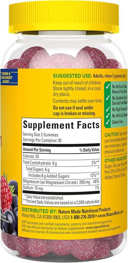 Nature Made High Absorption Magnesium Citrate 200 mg per serving, Magnesium Supplement for Muscle, Nerve, Bone and Heart Support, 60 Magnesium Gummies, 30 Day Supply