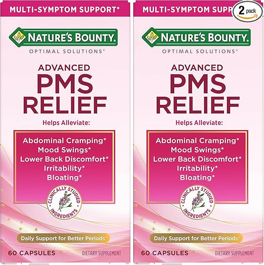Nature's Bounty Optimal Solutions Advanced PMS Relief for Menstrual Cycle Support, PMS Support Supplement for Women, Bloating Relief – Chasteberry, Hormone-Free, 60 Vegetarian Capsules (Pack of 2)