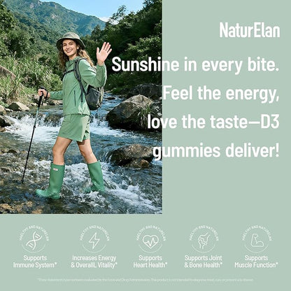 NaturElan 2 Pack Vitamin D3 Gummies - 240 Gummies, 2000 IU Vitamin D3 per Gummy, Sugar Free, Boost Bones, Mood & Immune System Function, Yummy Peach Flavor, Vegan, Non-GMO & Gluten Free, 240 Servings