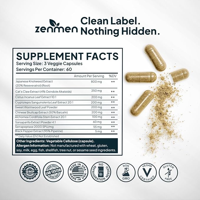 Zenmen Daily Tick Guard Immune Support Supplement - Improved Formula - Japanese Knotweed, Cat's Claw, Chinese Skullcap, Cryptolepis Sanguinolenta, Sweet Wormwood - 180 Vegan Capsules, Made in The USA