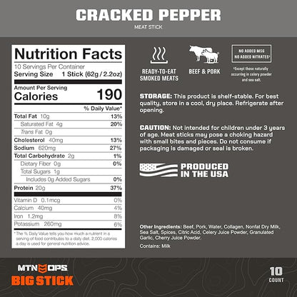MTN OPS Big Stick High Protein Meat Sticks - 20g Protein, 10% Collagen - Cracked Pepper Flavor - Individually Wrapped Beef Snacks - 10 Count Carton
