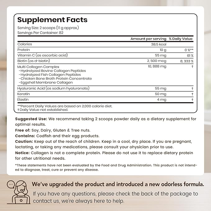 VEV Multi Collagen Peptides Powder with Types I, II, III, V, X, 32 oz (82 Servings) - Skin, Joint & Hair Support - Hydrolyzed Collagen Powder for Women, Biotin, Vitamin C, Unflavored, Dissolves Easily