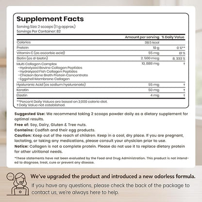 VEV Multi Collagen Peptides Powder with Types I, II, III, V, X, 32 oz (82 Servings) - Skin, Joint & Hair Support - Hydrolyzed Collagen Powder for Women, Biotin, Vitamin C, Unflavored, Dissolves Easily