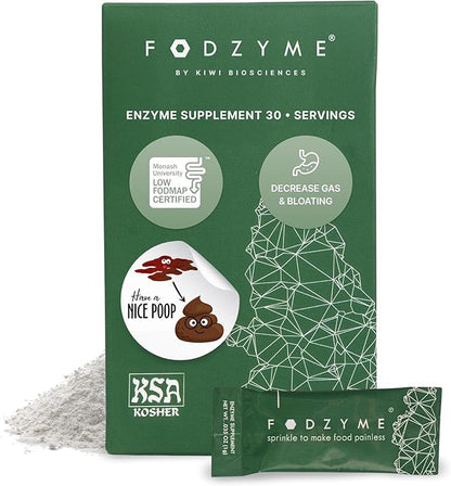 FODZYME® On-The-Go Digestive Enzymes for Gut Health, Relief for Bloating, Gas, Constipation, Diarrhea, Abdominal Pain, Low FODMAP, 30 Dose