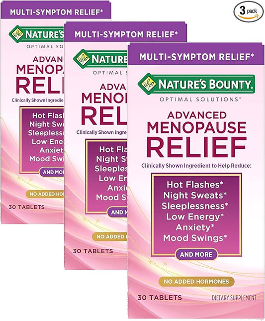 Nature's Bounty Optimal Solutions Advanced Menopause Relief, Menopause Supplement for Women Featuring Siberian Rhubarb, Hotflash Relief, No Added Hormones, Drug-Free, 30 Tablets, 30 Total Servings