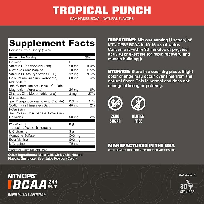 MTN OPS BCAA Powder 2:1:1 Amino Acids Supplement Powder for Rapid Muscle Recovery & Repair with Zero Sugar & Gluten Free - 30-Servings, Tropical Punch, Cameron Hanes Keep Hammering Series