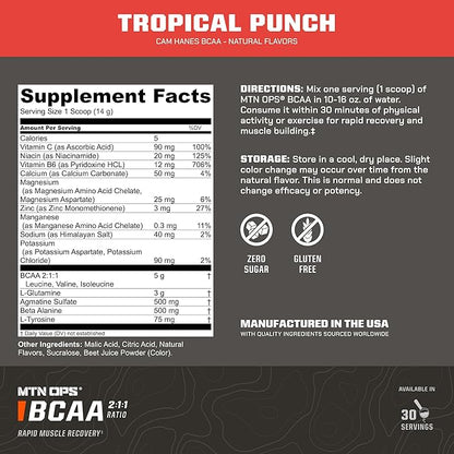 MTN OPS BCAA Powder 2:1:1 Amino Acids Supplement Powder for Rapid Muscle Recovery & Repair with Zero Sugar & Gluten Free - 30-Servings, Tropical Punch, Cameron Hanes Keep Hammering Series