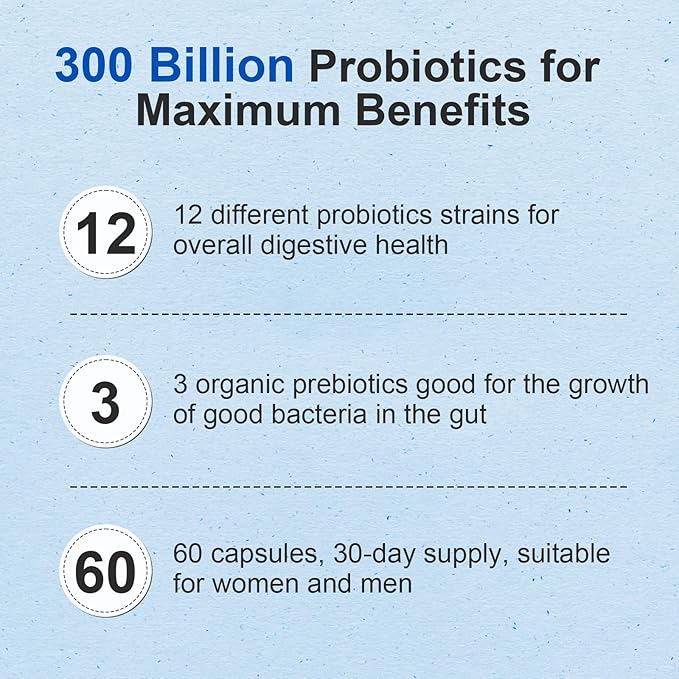 Probiotic 300 Billion CFU - 12 Strains with Organic Prebiotics for Digestive & Gut, Immune, Bloating Health - Probiotics for Women and Men - Daily Dairy Free, Shelf Stable - 120 Counts