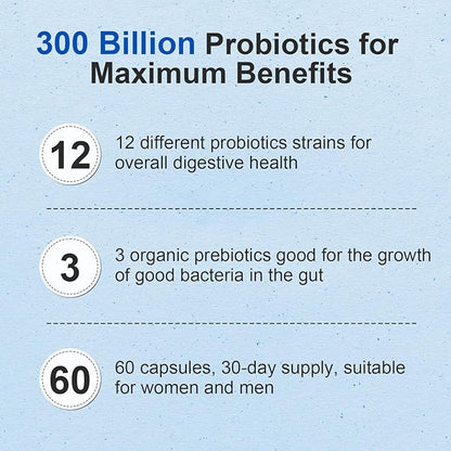 Probiotic 300 Billion CFU - 12 Strains with Organic Prebiotics for Digestive & Gut, Immune, Bloating Health - Probiotics for Women and Men - Daily Dairy Free, Shelf Stable - 120 Counts