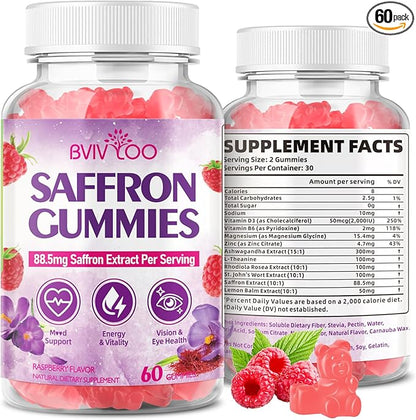 Saffron Gummies for Adult Kids, 10-IN-1 Formula with Saffron 88.5mg, Vitamins D3 & B6, Magnesium, Zinc, Ashwagandha, L-Theanine, St. John's Wort - Supports Mood & Focus, Raspberry Flavor, 60 Count