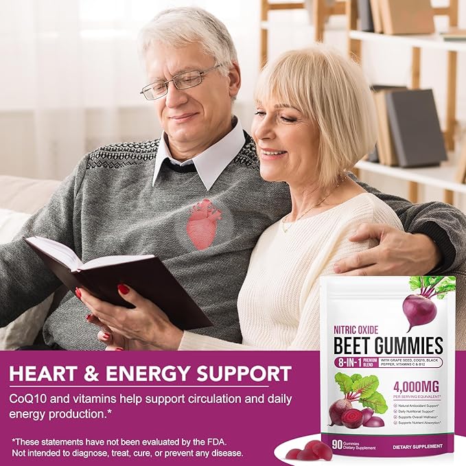 Beetroot Gummies, 90 Gummies 20:1 High-concentration Beetroot Extract Supplement with COQ10, Vitamin C, B12, Grape Seed Extract & Black Pepper, Boost Energy Levels, Supports Immune & Heart Health