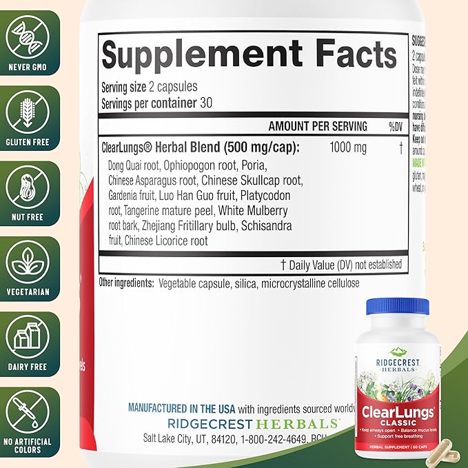 RidgeCrest Herbals ClearLungs Classic, Daily Health Supplement, Natural Lung and Nasal Wellness Formula for Bronchial, Respiratory, Immune, Sinus, and Mucus Support (60 Vegan Caps, 30 Serv)