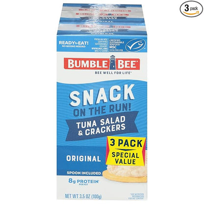 Bumble Bee Snack On The Run! Protein Snack Pack - 8g Protein per Box - Original Tuna Salad with Crackers Kit - Ready to Eat Easy-Open Can - Wild Caught MSC-Certified Tuna (Pack of 3)