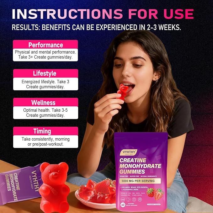 Creatine Monohydrate Gummies – with Collagen, BCAAs, L-Glutamine, Biotin, Zinc, Vitamin D3 & Hyaluronic Acid – Daily Pre & Post Workout Recovery, Sugar-Free (60 Gummies)