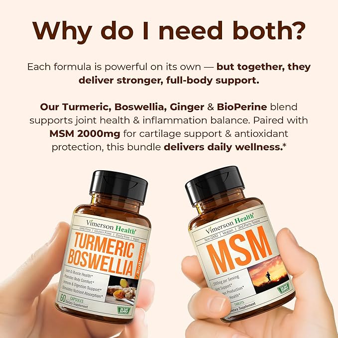 Boswellia Turmeric Curcumin Supplement + MSM 2000mg Bundle – Supports Joint Health & Aids Inflammatory Response – with Ginger Root, Organic Turmeric Powder & Curcumin with Black Pepper (BioPerine)