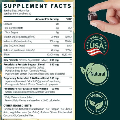 Saw Palmetto Gummies for Men – 600mg Extra Strength DHT Blocker with Biotin, Pumpkin Seed – Supports Prostate Function, Urinary Flow & Hair Regrowth Supplement, 60 Passionfruit-Dragonfruit Gummies