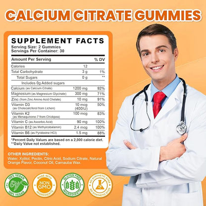 Calcium Citrate Gummies - 1200mg Calcium Gummies Supplements for Women & Men with Vitamin D3, K2, Magnesium, Zinc High Absorption for Bone, Muscle & Immune Support, Orange Flavor, 120 Count
