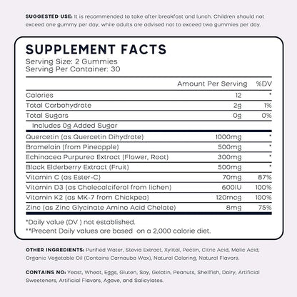 (3 Pack) Quercetin Gummies with Bromelain Zinc Elderberry Vitamin C D3 K2, Quercetin 1000mg Supplement with Bromelain 500mg for Cardiovascular, Immune System & Allergy, Vegan Gummy for Adult & Kid