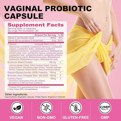 Vaginal Probiotics for Women, Akkermansia Probiotics and Prebiotics Supplement for Vaginigal Health, pH Balance, Moisture, Odor Control | Non-GMO, Third-Party Tested | 60 Billion CFU & 18 Strains