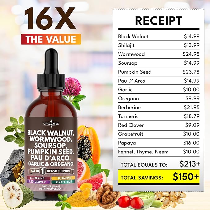 Black Walnut Wormwood Cleanse Drops - Liquid Soursop, Garlic, Pumpkin Seed, PAU D'Arco, Oil of Oregano, Turmeric, Berberine, Neem Extract, Hull Bark, Tincture - 8oz