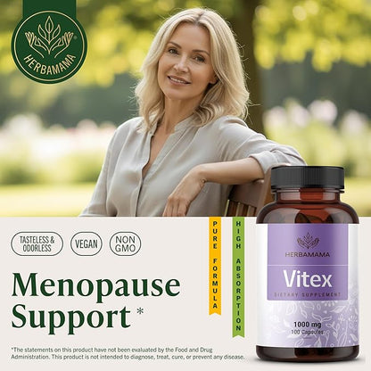 HERBAMAMA Vitex Berry Capsules – Natural Menopause Supplements* for Women – 1000mg Vitex Chasteberry Fruit per Serving for Menopause Support* – Vegan, Non-GMO – 50-Day Supply