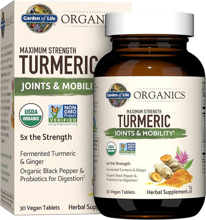 Garden of Life Organics Maximum Strength Turmeric Joints & Mobility Support 30 Tablets - 500mg Curcumin (95% Curcuminoids) Black Pepper - Organic Non-GMO Vegan & Gluten Free Herbal Supplements