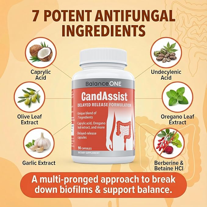 Balance ONE Candida Cleanse & Yeast Support Complex – Caprylic Acid, Undecylenic Acid, Berberine & Oregano Leaf – Gut Flora Balance for Women & Men – 90 Delayed Release Capsules – CandAssist