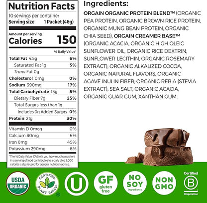 Orgain Organic Vegan Protein Powder, Creamy Chocolate Fudge - 21g Plant Protein, 6g Prebiotic Fiber, Low Carb, No Lactose Ingredients, No Added Sugar, Non-GMO, 10 Single Serve Individual Packets