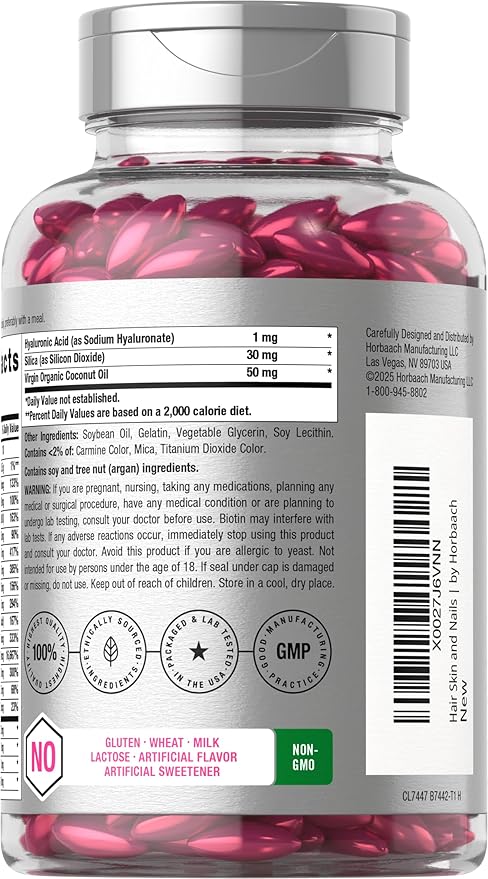 Horbäach Hair Skin and Nails Vitamins | 300 Softgels | with Biotin and Collagen | Infused with Argan Oil and Coconut Oil | Non-GMO, Gluten Free Supplement