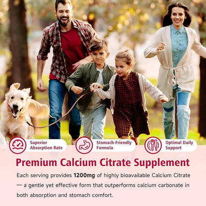 2 Packs High Absorption Calcium Citrate Gummies 1200mg - Bone & Teeth Support for Adults & Kids, Vegan Sugar-Free Gummies, Strawberry Flavor, 120 Count