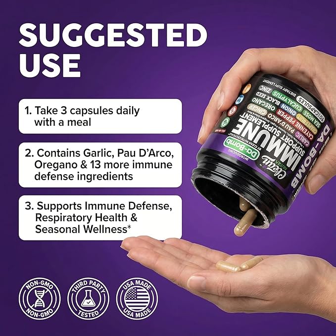 Organic Immune Support with PAU D'Arco Garlic Cayenne Pepper Oregano Ginger Grapefruit Onion Black Seed Sea Moss Black Pepper Zinc Eucalyptus Vitamin C Vitamin D Organic Soursop By Clean Nutra