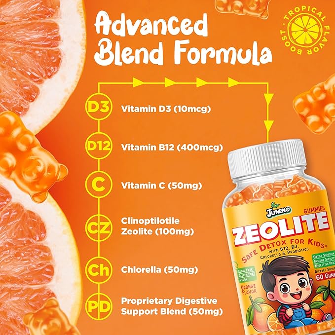 Zeolite Kids Detox Gummies - Total Body Cleanse Micronized Chewables Supplement with Chlorella - Orange Flavor Vegan Non-GMO Gluten-Free