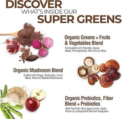 Country Farms Organic Super Greens Chocolate Flavor, 50 Organic Super Foods, USDA Organic Drink Mix, Packed with Fiber, Fruits, Vegetables, Mushrooms & Probiotics, Supports Energy, 7g Fiber
