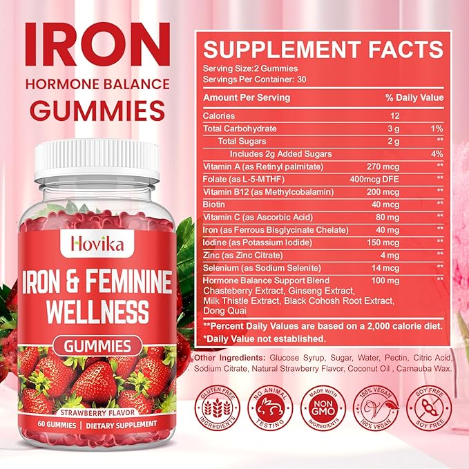 Iron for Women Gummies, 40mg Iron Supplement Anemia with multivitamin for Women, Zinc, Selenium, Iodine - for Iron Deficiency - Natural Hormonal Support for PMS, Strawberry Flavour, 60 Count