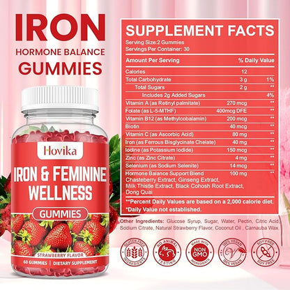Iron for Women Gummies, 40mg Iron Supplement Anemia with multivitamin for Women, Zinc, Selenium, Iodine - for Iron Deficiency - Natural Hormonal Support for PMS, Strawberry Flavour, 60 Count