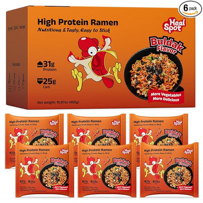 Healspot High Protein Spicy Buldak Noodles, Dry Tossed Ramen, 31g Plant-Based Protein, Low Fat, Low Carb, Non GMO, Keto Friendly & Plant Based (6 packs)