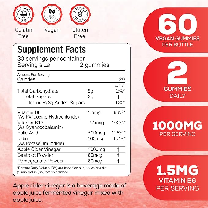 Apple Cider Vinegar Gummies with Vitamins - Delicious Apple Flavor for Women's Health, Metabolism Support & Digestive Wellness, 1000mg ACV with B12, B6, Folic Acid, 120 Vegan Gummies
