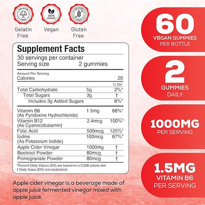 Apple Cider Vinegar Gummies with Vitamins - Delicious Apple Flavor for Women's Health, Metabolism Support & Digestive Wellness, 1000mg ACV with B12, B6, Folic Acid, 120 Vegan Gummies