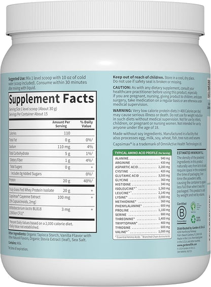 Garden of Life SPORT Whey Plus Weight Management with Amino Energy - 20g of Grass Fed Protein Isolate for Women and Men - Vanilla Powder - With Capsimax, 2 Billion CFU Probiotics, About 15 Servings