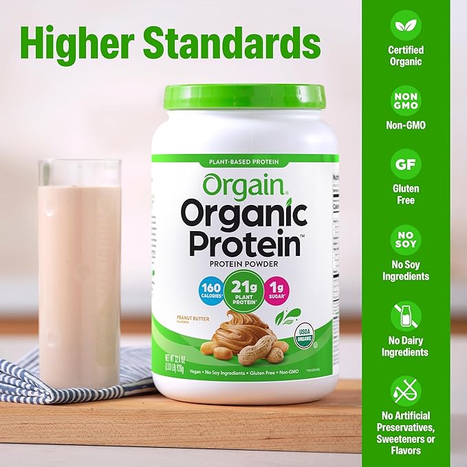 Orgain Organic Vegan Protein Powder, Peanut Butter - 21g Plant Protein, 7g Prebiotic Fiber, Low Net Carb, No Dairy Ingredients, No Added Sugar, For Shakes & Smoothies, 2.03 lb (Packaging May Vary)