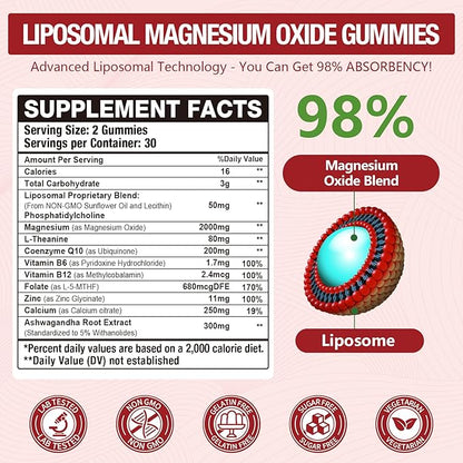 2 Pack Liposomal Magnesium Oxide Gummies 2000mg Complex Ashwagandha,CoQ10, L-Theanine, L-5-MTHF, Methyl B12, Zinc for Sleep & Energy,Stress Relief,Heart Health,Neuro Support