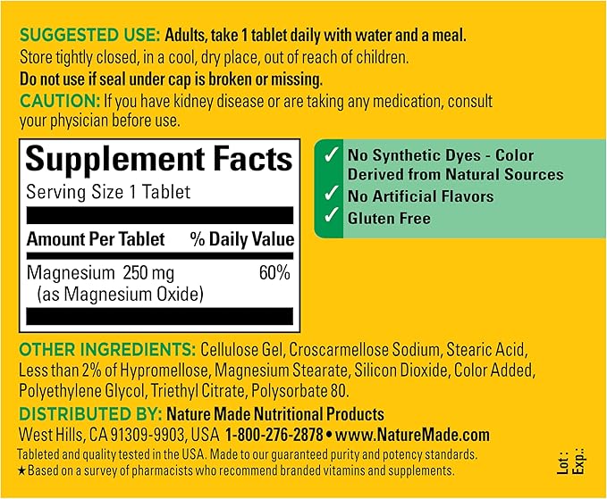 Nature Made Magnesium Oxide 250 mg, Magnesium Supplements for Men and Women, Support for Muscle, Heart, Bone and Nerve Health, 200 Tablets, 200 Day Supply