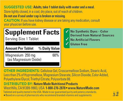 Nature Made Magnesium Oxide 250 mg, Magnesium Supplements for Men and Women, Support for Muscle, Heart, Bone and Nerve Health, 200 Tablets, 200 Day Supply