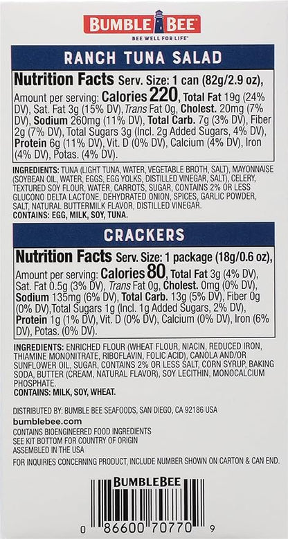 Bumble Bee Snack On The Run Ranch Tuna Salad with Crackers Kit - Ready to Eat Protein Snack Pack - 8g Protein per Box - Wild Caught MSC Certified Tuna (Pack of 4)